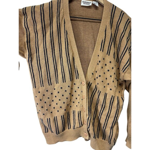 Vintage Suburban Petite Tan Stripe Polka Dot Pattern Cardigan Women’s 90s Size M - Picture 3 of 13